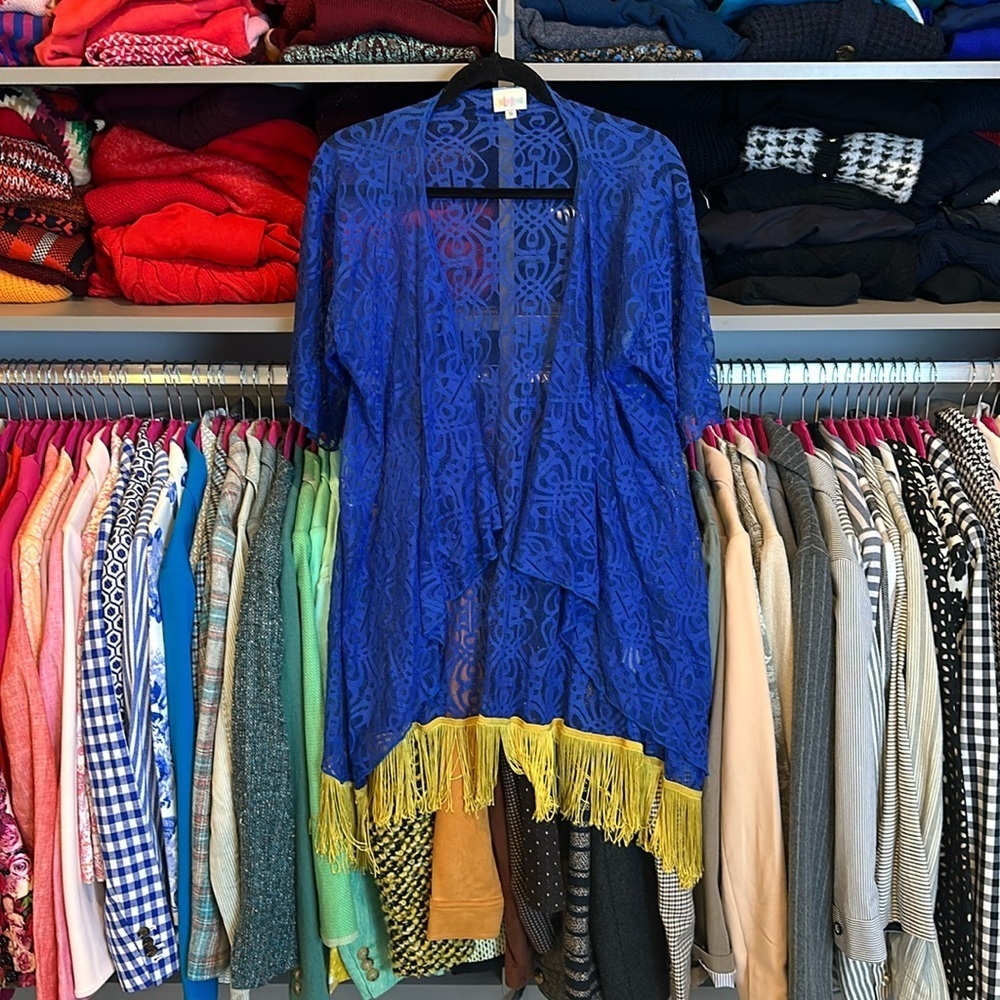 LuLaRoe royal blue lace with gold fringe 1/2 sleeve kimono size S